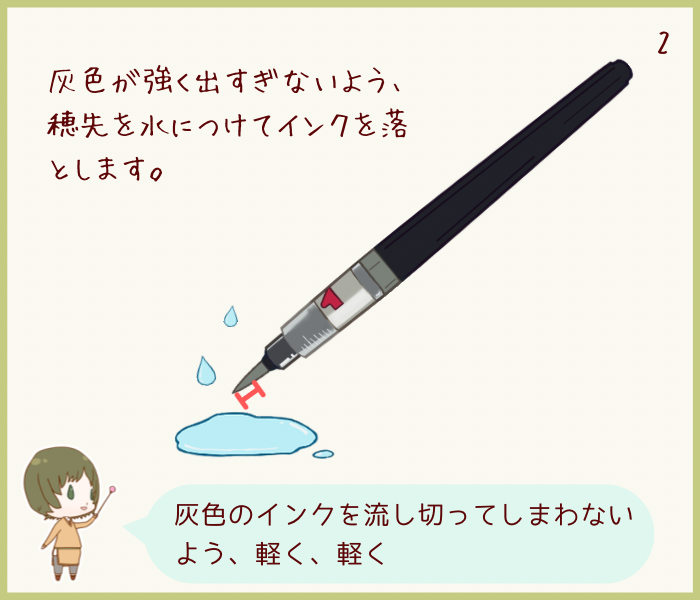 筆ペンのインクを水で薄めて調整している様子