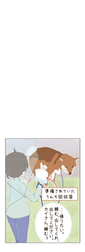 柴犬との日常を描いた4コママンガ。タイトル「雨の日のトイレ」。柴犬カイさんの、雨の日のトイレ事情のお話。2枚目