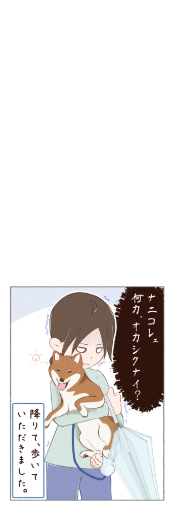 柴犬との日常を描いた4コママンガ。タイトル「雨の日のトイレ2」。柴犬カイさんの、雨の日のトイレ事情のお話。2枚目