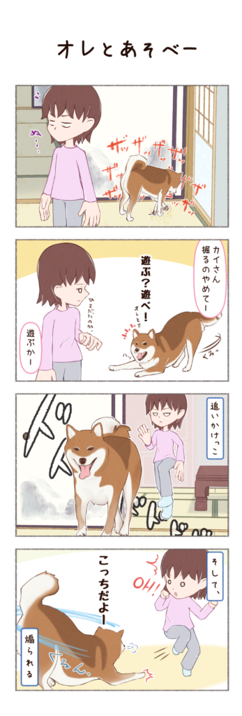 柴犬との日常を描いた4コママンガ。タイトル「オレとあそべー」。柴犬カイさんが遊びたくなったときのお話。1枚目
