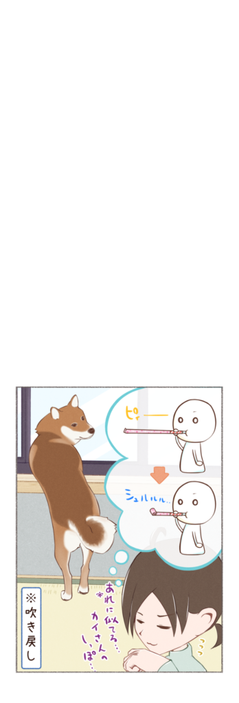 柴犬との日常を描いた4コママンガ。タイトル「ピロピロ巻尾」。柴犬カイさんの尻尾に関するお話。2枚目