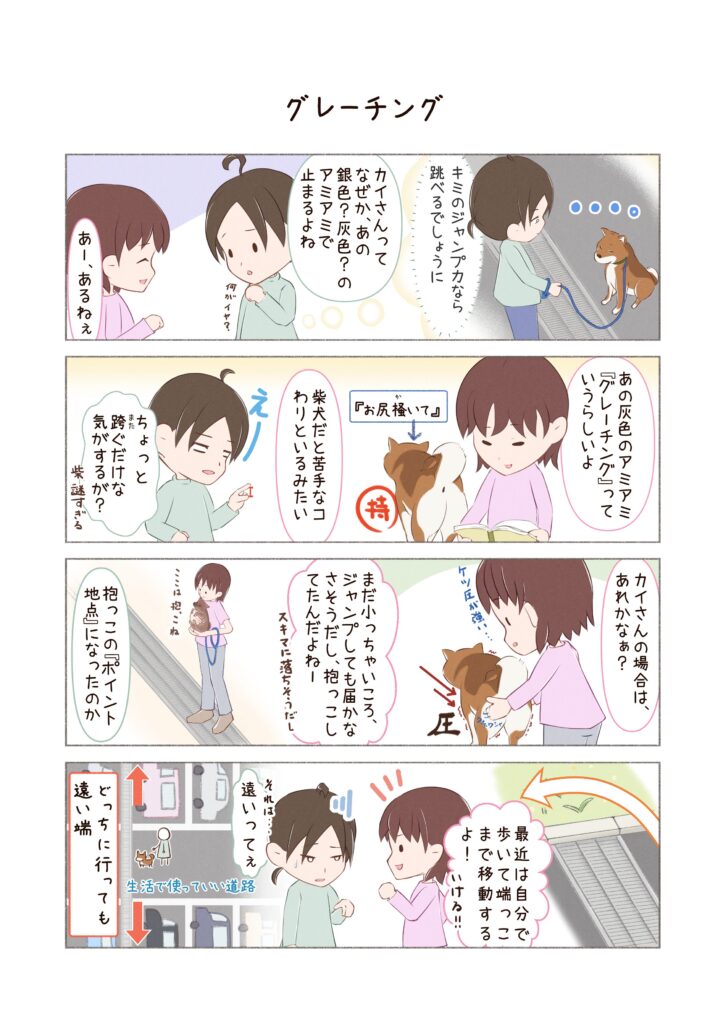 柴犬との日常を描いた4コママンガ。タイトル「グレーチング」。グレーチングにまつわるお話。