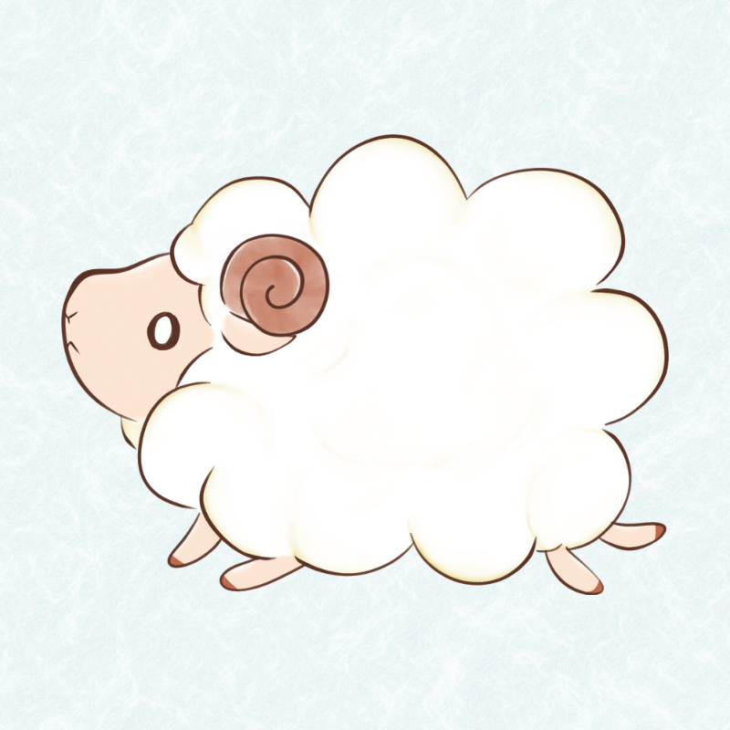白いもこもこの体と縦長の大きな目と丸い角かわいい羊のイラスト。2027年の年賀状に使える無料素材。プレビュー用。