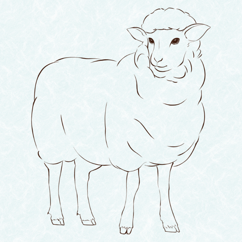 ふわふわした毛並みの羊を茶色の線で描いた全身の線画。2027年の年賀状に使える無料イラスト素材。プレビュー用。