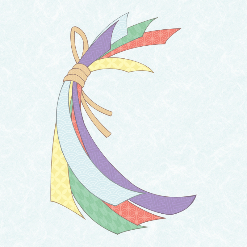 青海波や麻の葉などの和柄をあしらった、5色の布を束てた、束ね熨斗のイラスト。年賀状を華やかに彩る和風の装飾素材。プレビュー用。