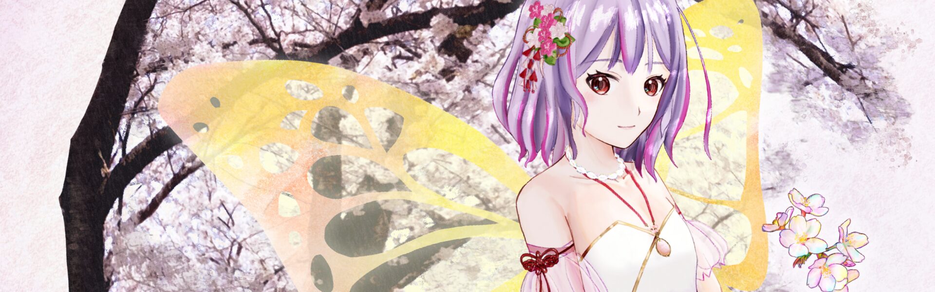 桜の精をイメージした創作イラスト。春の桜並木を背景に、幻想的な雰囲気の女性を描いた作品